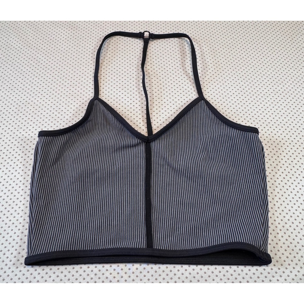 Koral Ilana Kugel Black Grey Pinstripe Ribbed T-Back Activewear Crop Top Small